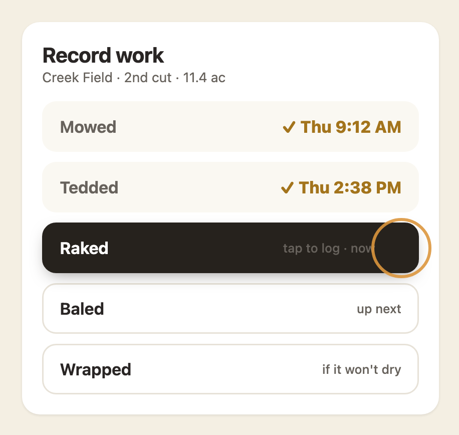 Windrows record-work screen: mowed and tedded logged, raking one tap away